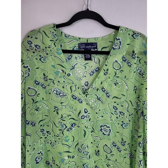 Susan Graver Style Sheer Floral V-Neck Blouse 1X Lime Green Blue Glitter Tunic - Picture 2 of 13